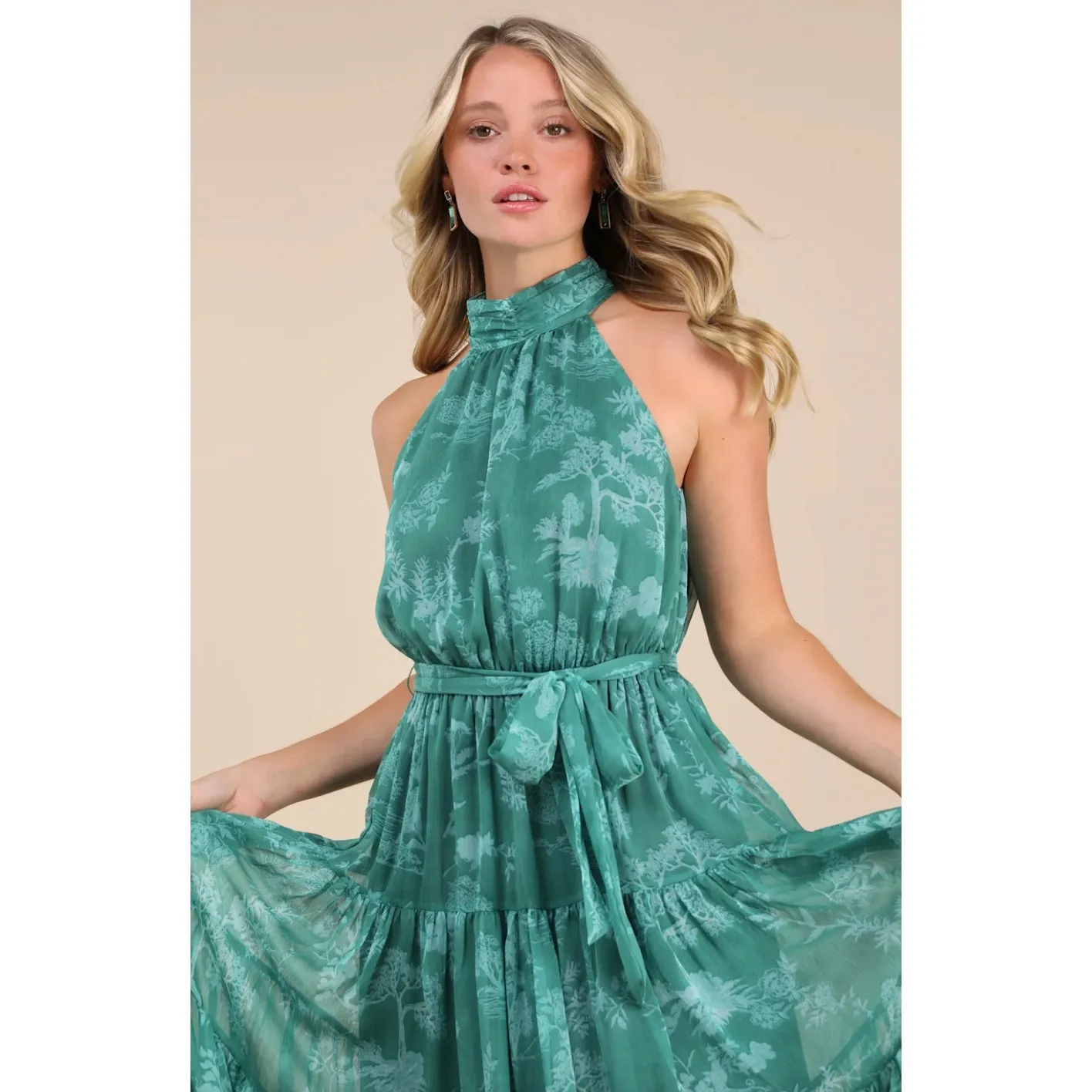 Lulus Float to You Green Floral Print Halter Tiered Midi Dress Cocktail XS NWT - Image 4