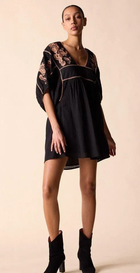 St. Roche Lake Mini Dress Embroidered Floral Black w/Camel Size S - Image 3