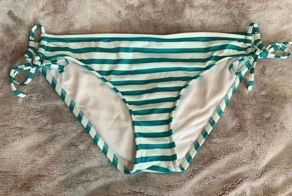 Mossimo Bikini Womens Large Green White Striped Bottom Swimwear Side Ties Beach - Image 1