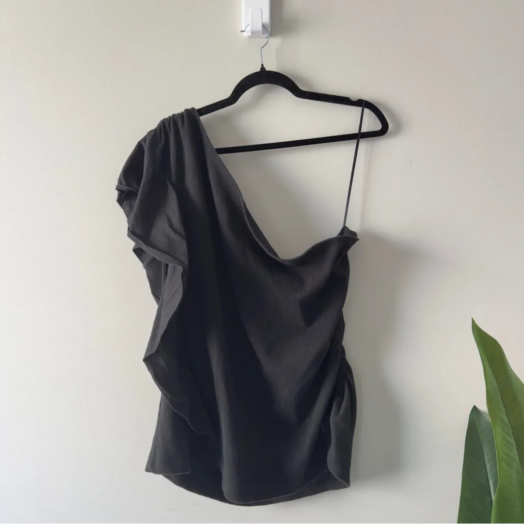 Anthropologie One Shoulder Ruffle Sleeve Side Top Ribbed Black Cotton Stretch 36 - Image 3