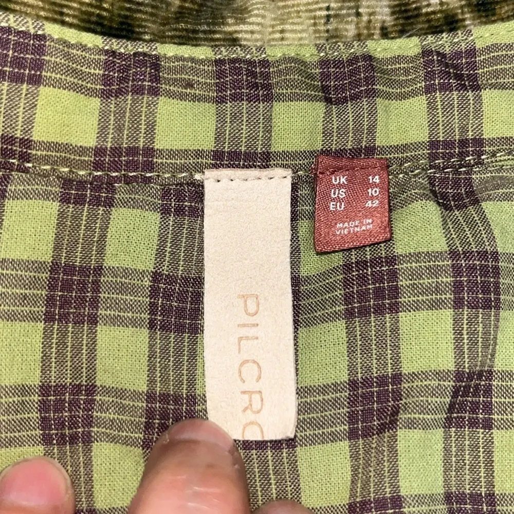 Anthropologie Pilcro Ruched Corduroy Button Floral Camo Shirt Dress‎ Green 10 - Image 11