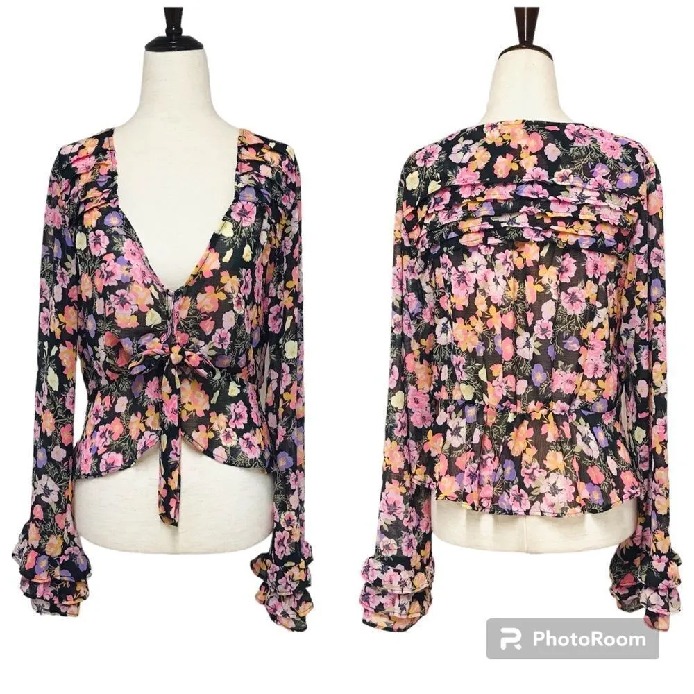 FREE PEOPLE Maybel Sheer Floral Tie Front Peplum Top Crop Black Pink Small‎ New - Image 2