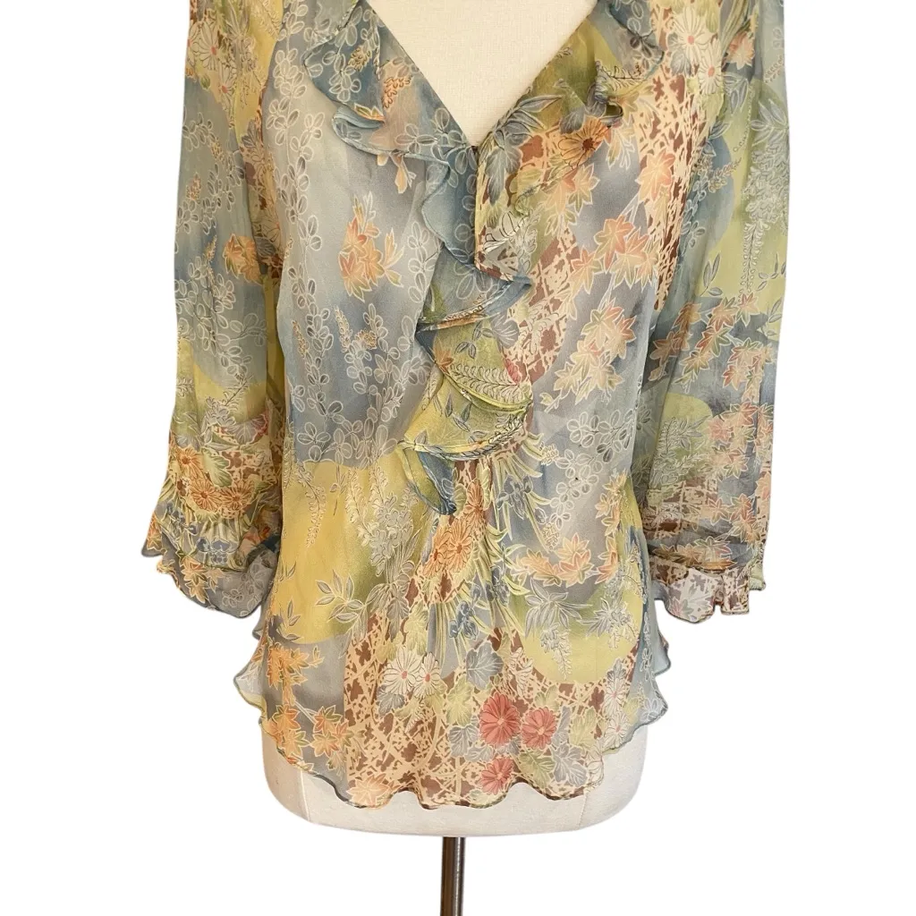 Y2K Silk Floral Ruffle Blouse Fairycore Sheer Top Size XL - Image 4