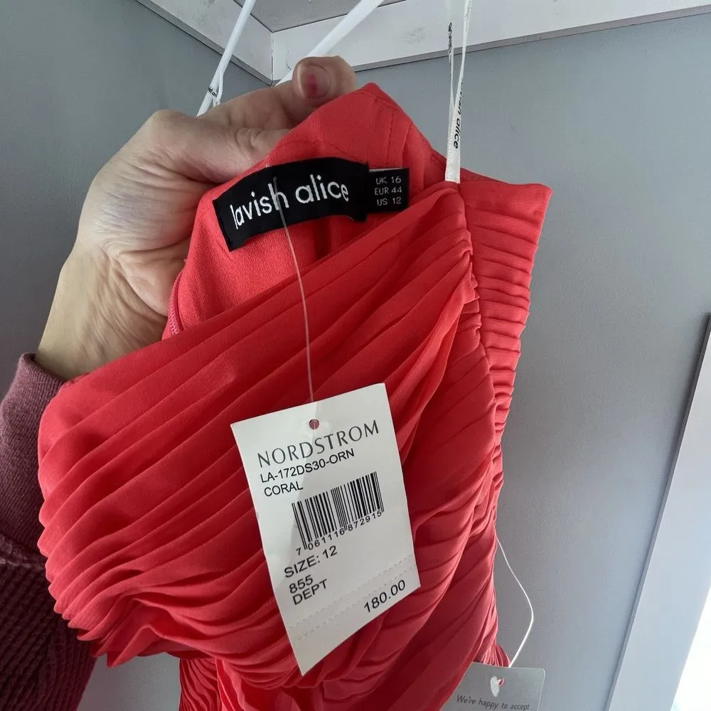 NWT Lavish Alice Pleated Chiffon Minidress Coral SIZE 12 - Image 5