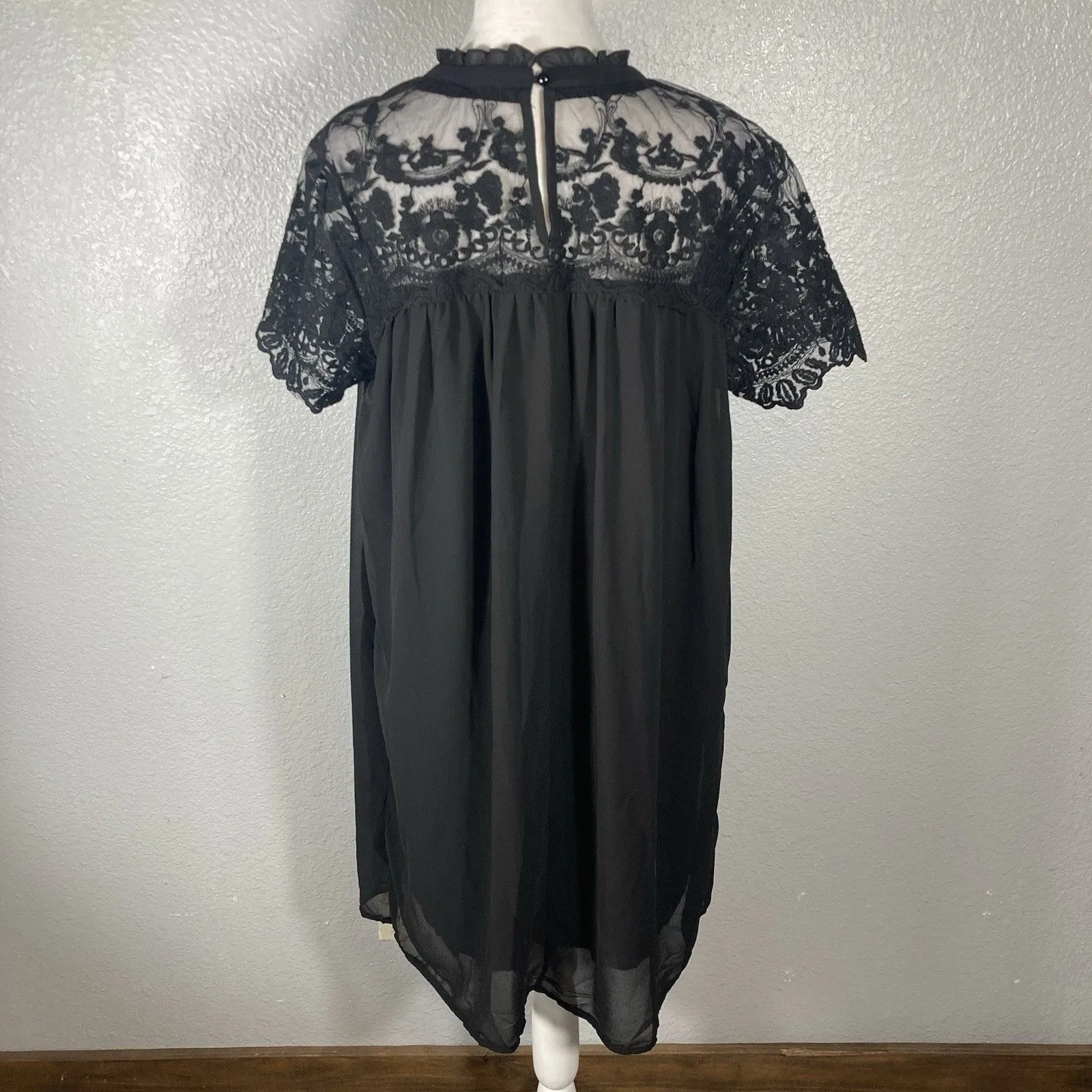 Black Lace Babydoll Mini Dress XL Chiffon Ruffle High Neck Embroider Whimsigoth - Image 5