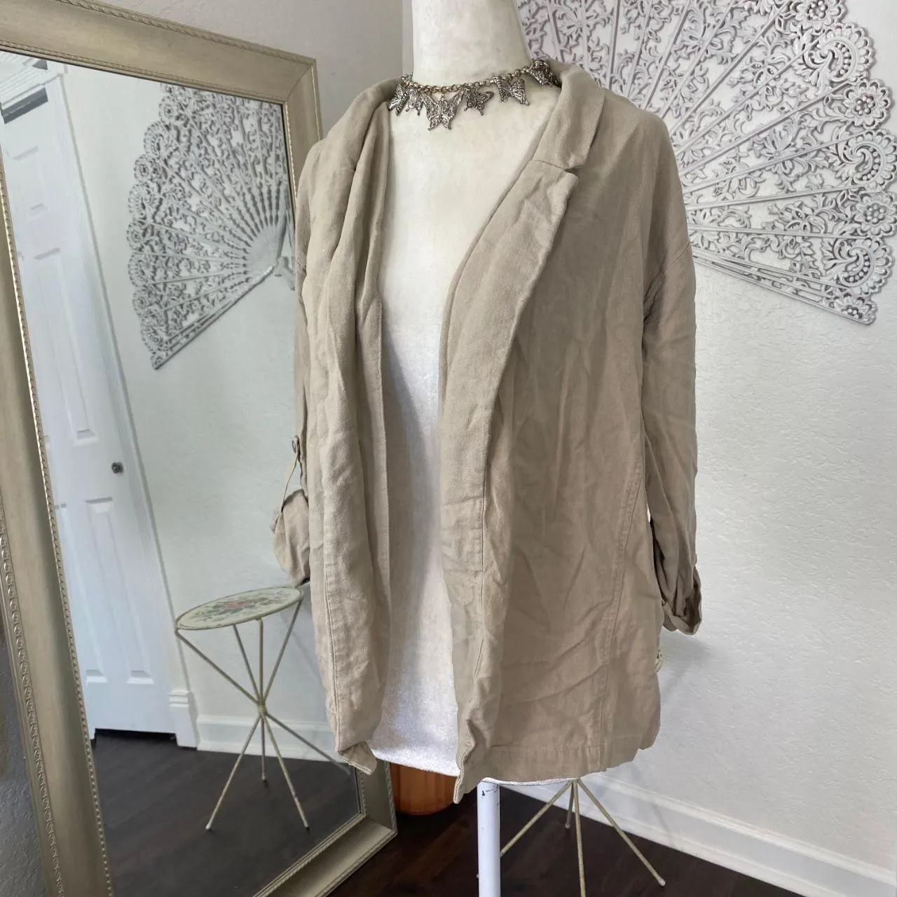 Active USA Early 2000's Open Front Cream Nude Linen Blazer Jacket S - Image 3