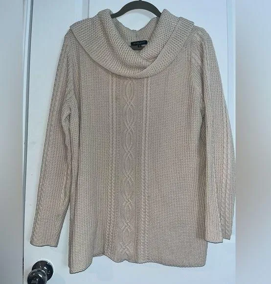 Jeanne Pierre Woman's 100% Cotton Ivory Cowl Neck Cable Knit Sweater - Size 1X - Image 1
