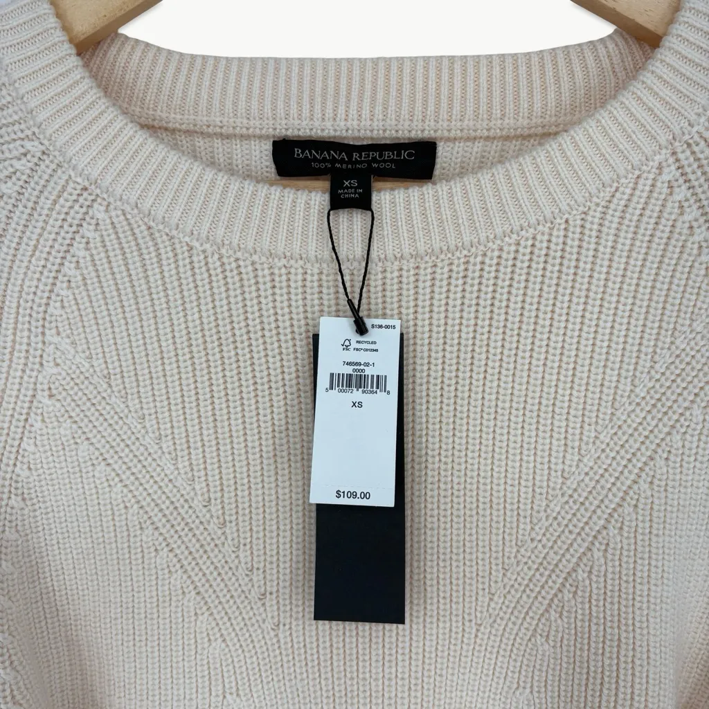 NWT Banana Republic Merino Wool Crewneck Knit Cuffed Sleeve Sweater | XS | Ivory - Image 2
