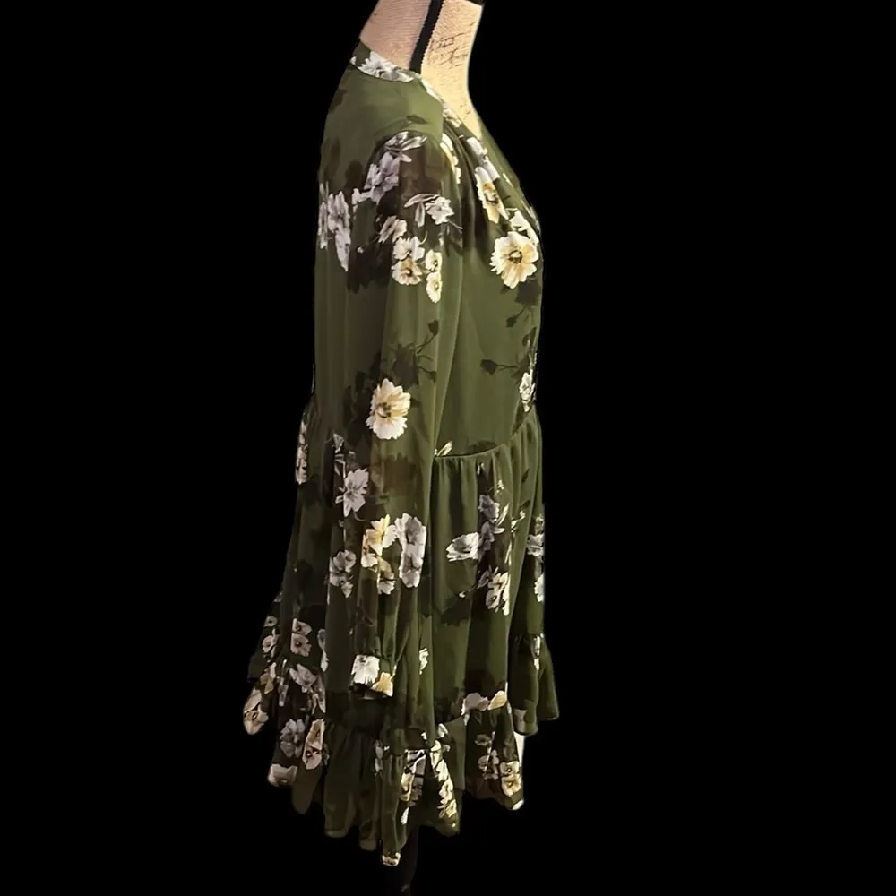 Vince Camuto olive floral print lined long sleeve dress with semi-sheer sleeves - Image 4