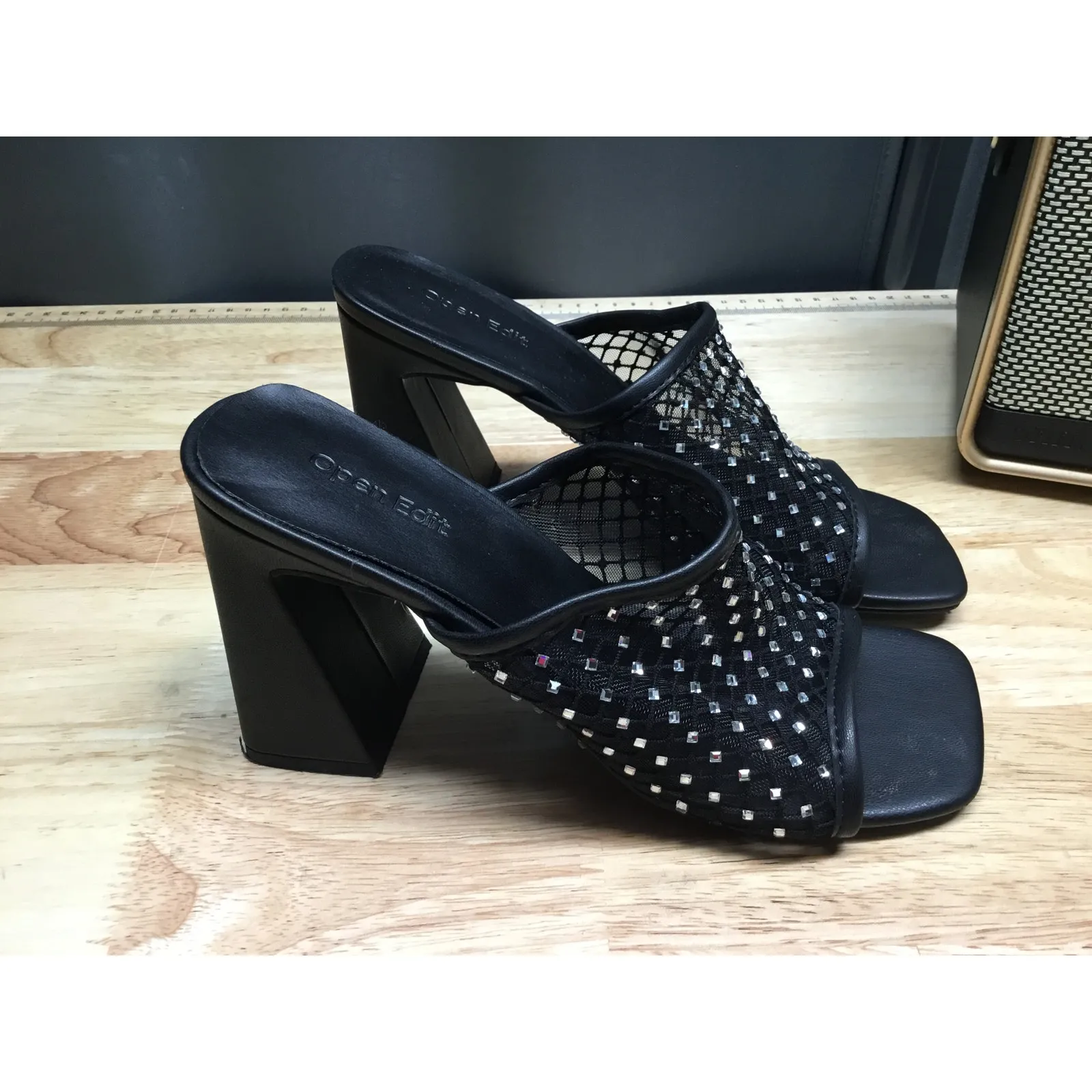Open Edit Slide Sandals Women's 7 Black Mesh Rhinestones High Block Heels Preppy - Image 2