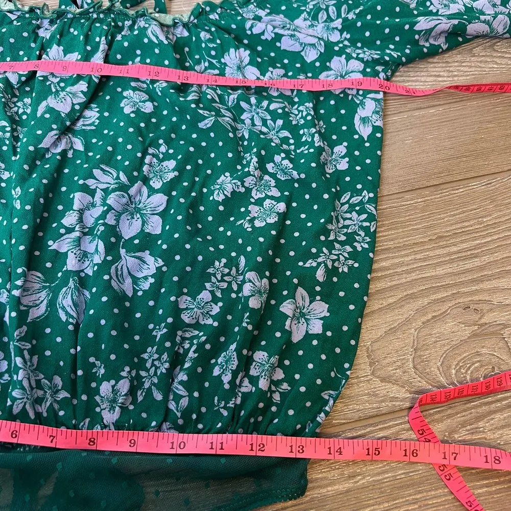 NWT Free People One on One Date bell sleeve polka dot floral Bodysuit emerald - Image 11