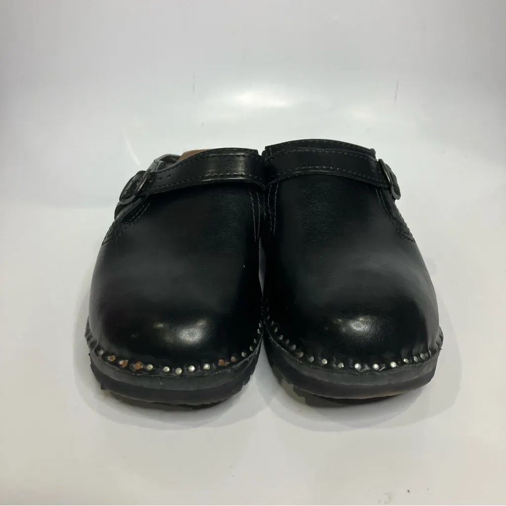Troentorp Donatello black wood & leather clog mules womens size 39 Swedish clogs - Image 3