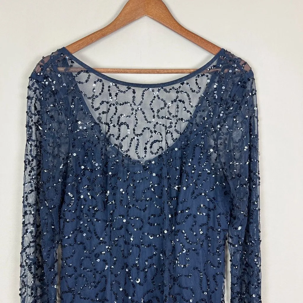 Papell Boutique Dress 16 Navy Blue Sequin Sheath Sheer Long Sleeve‎ Cocktail Zip - Image 3