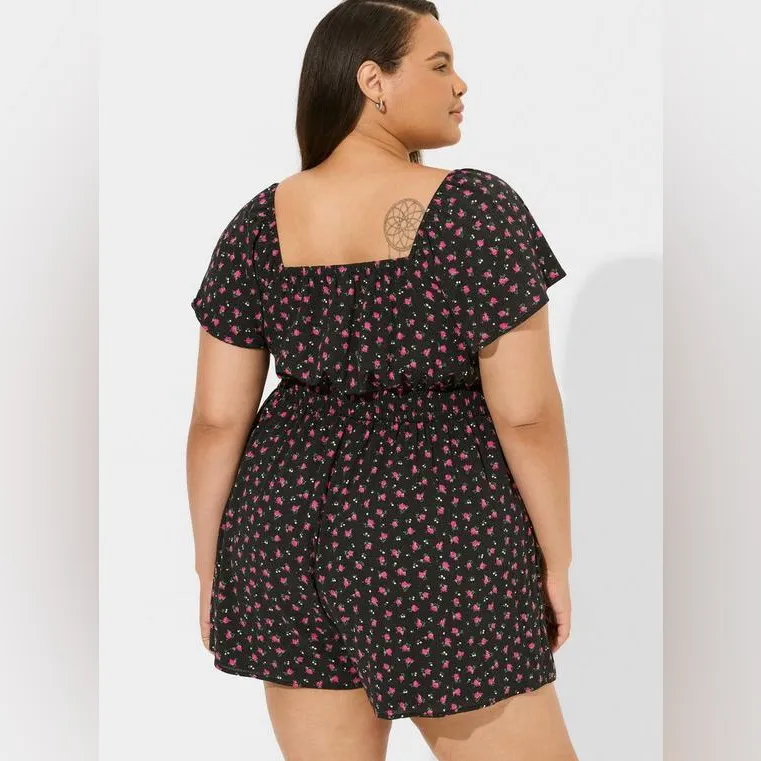 Betsey Johnson x Torrid Black Gauze Romper Pink Floral & Lace Trim - size 1 - Image 12