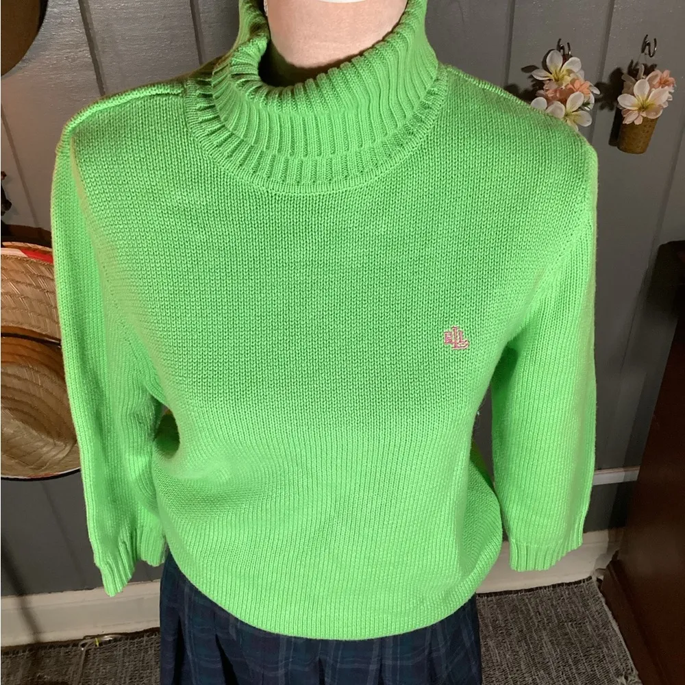 Vintage Lauren Ralph Lauren Green Cowl Turtleneck 3/4 Sleeve Sweater Large - Image 4