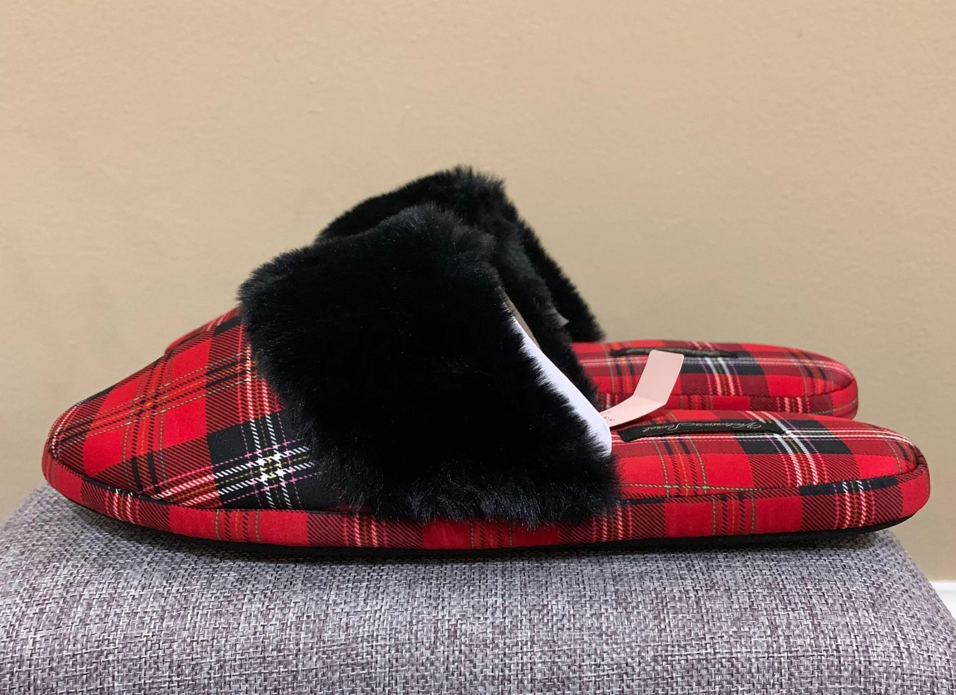 Black & Red Plaid Satin Slippers - Image 3