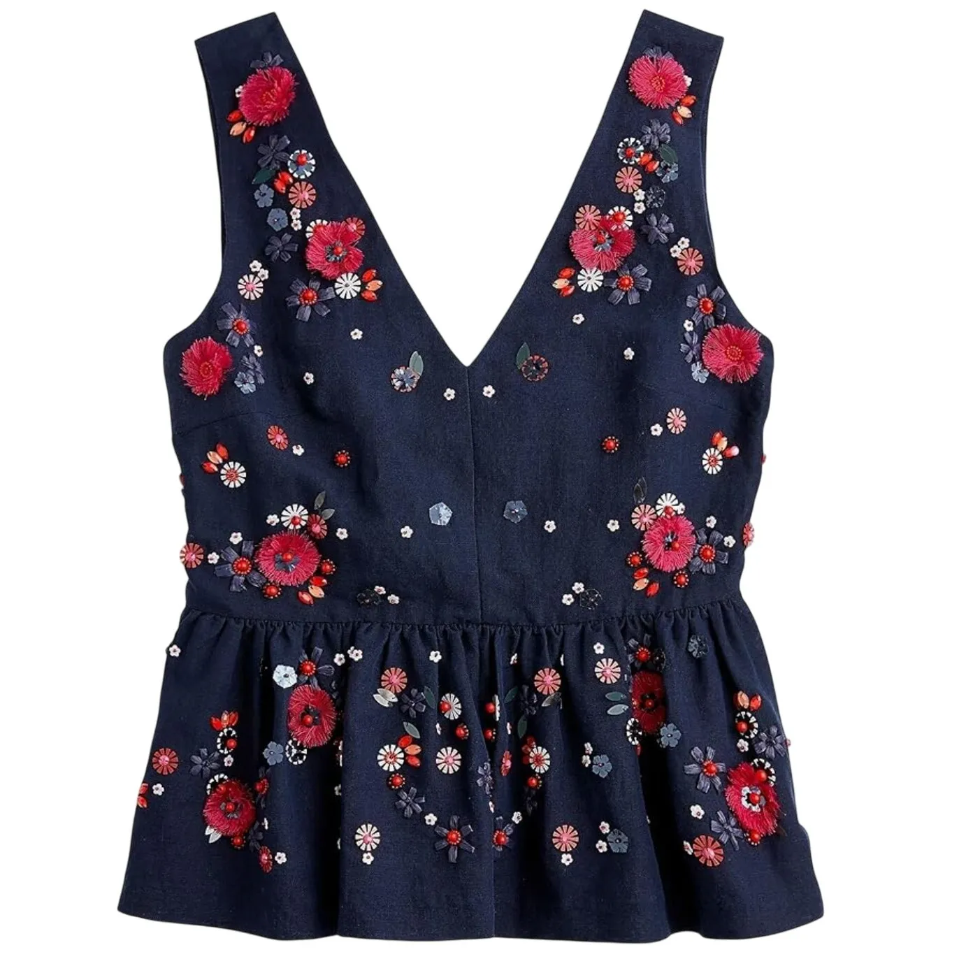 J. Crew Blue Pink Flowers Hand Embellished Linen Blend Peplum Tank Top size 12 - Image 13