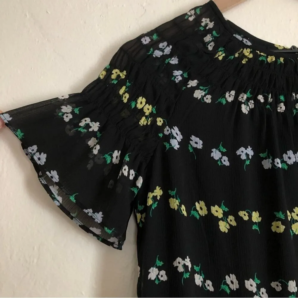 Ann Taylor Black Floral Short Bell Sleeves Lightweight Flowy Mini Swing Dress - Image 4