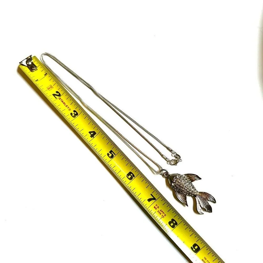Vintage silver tone fish rhinestone pendant necklace - Image 7