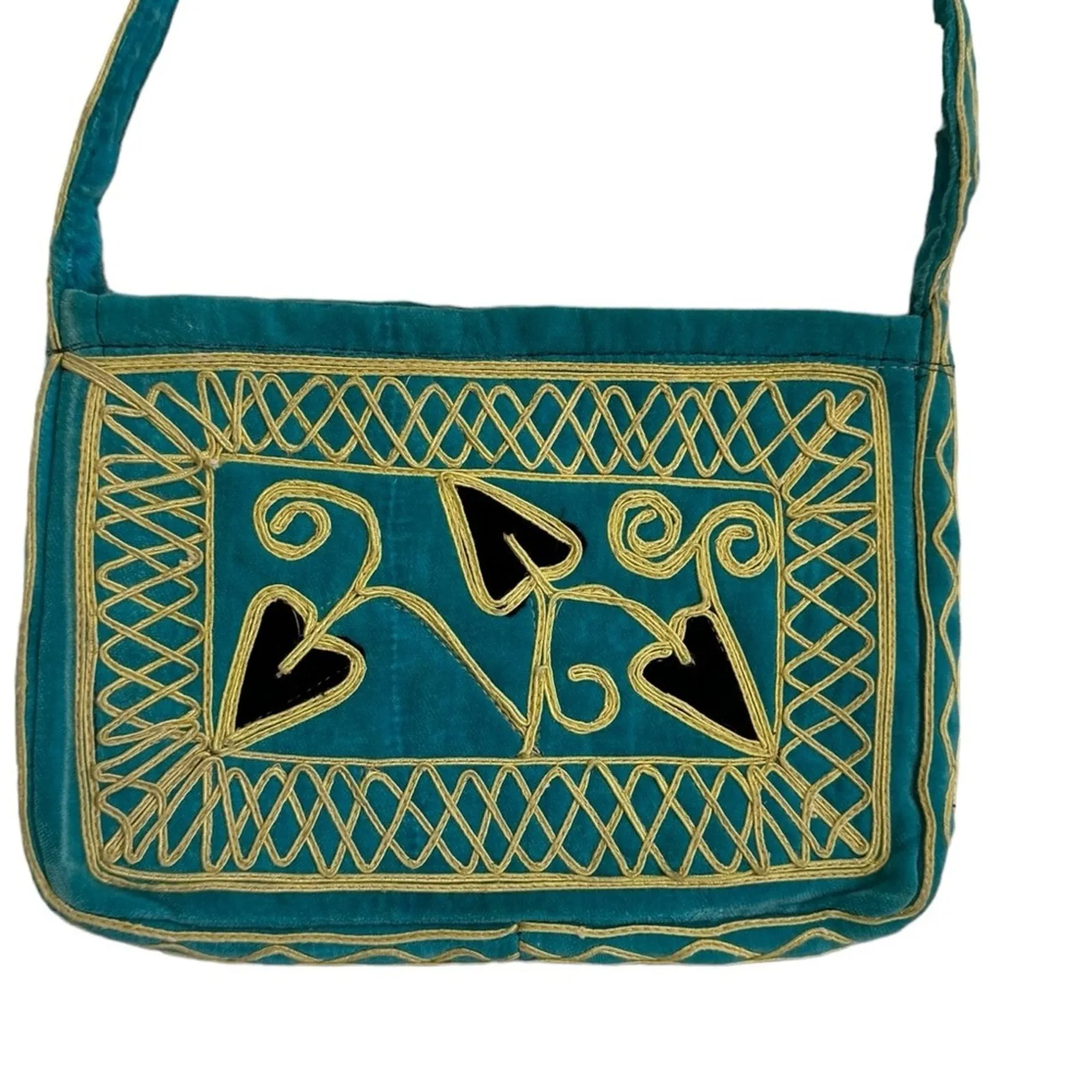 Boho Embroidered Shoulder Bag Teal Velvet Patchwork Hearts Design Zip Tote Purse Green - Image 3
