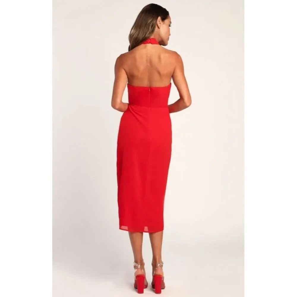 Lulus Red Halter Neck Midi Dress With Front Slit Size XS - Image 4