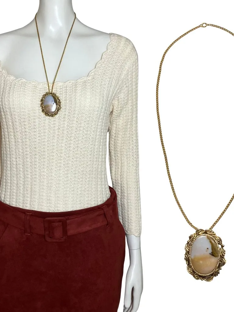Vintage 60s 70s Agate Gold Tone Statement Necklace Boho Retro Large Cabochon 23” - Image 2