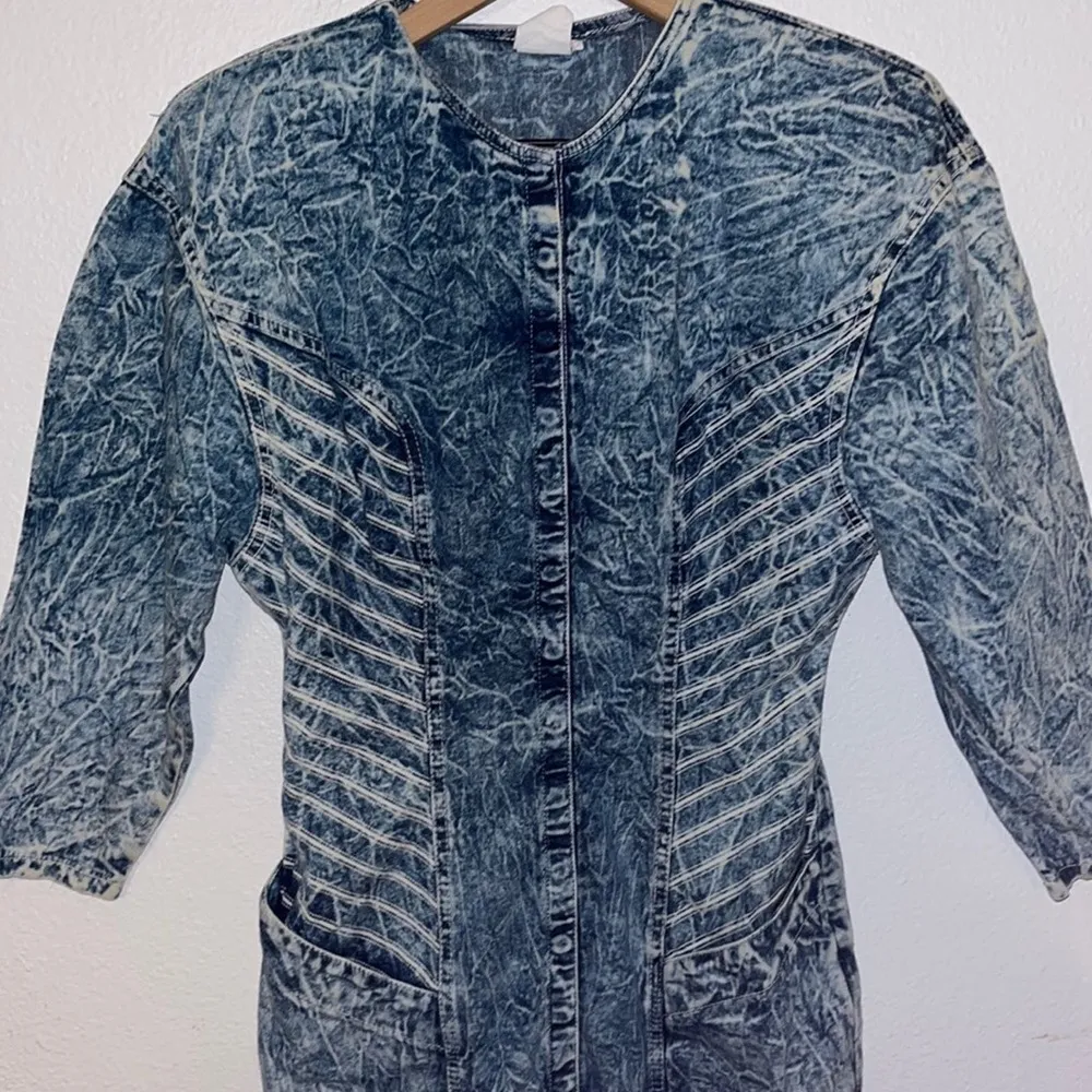 80s Vtg Womens Denim Dress Size 8 Acid Wash Full Snap Front Half Sleeve 90s - Image 3