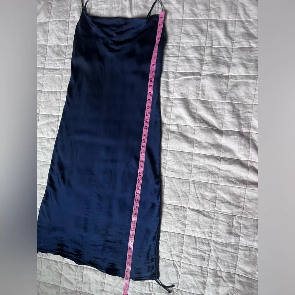 Aritzia Wilfred Only Ruched Slip Satin Midi/Mini Dress Navy Blue Medium - Image 12