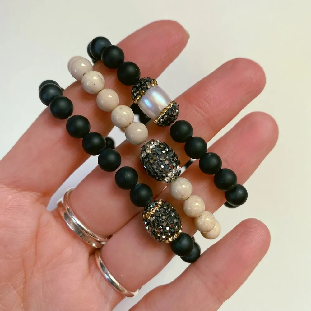 Gemstone Bracelet Stack Of Three Beaded Bracelets With Egg CZ Focal Beads - Image 3