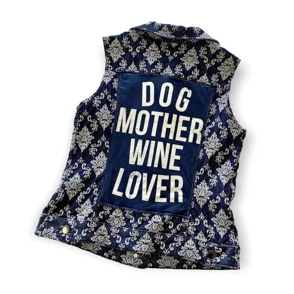 Via Penny Lane Reworked Apparel | Dog Mother Wine Lover Brocade Denim Vest M Size M - Image 2