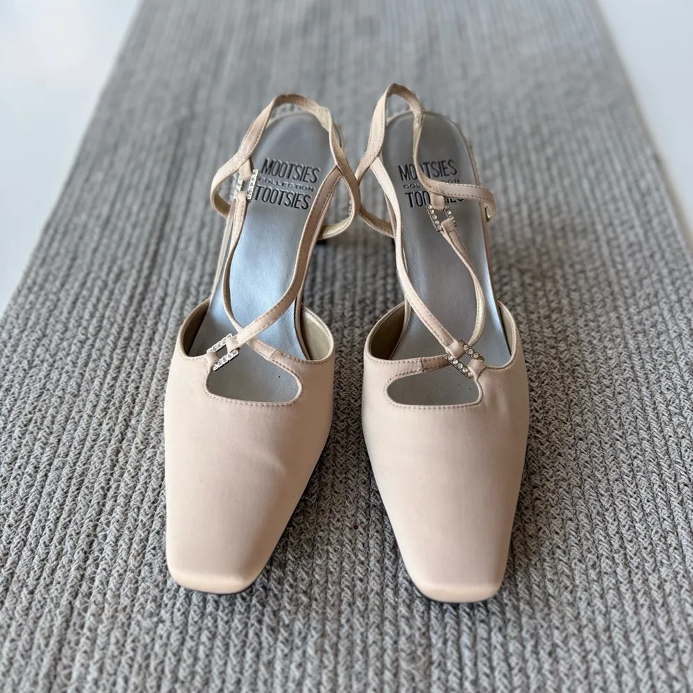 Vintage Mootsie Tootsie Champagne Cream Satin Rhinestone Slingback Dressy Heels Size 8.5 - Image 11