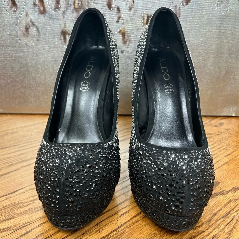 ALDO | Alalain Black Rhinstone Silver Studded Platform Stiletto Heels Size 8.5 - Image 3