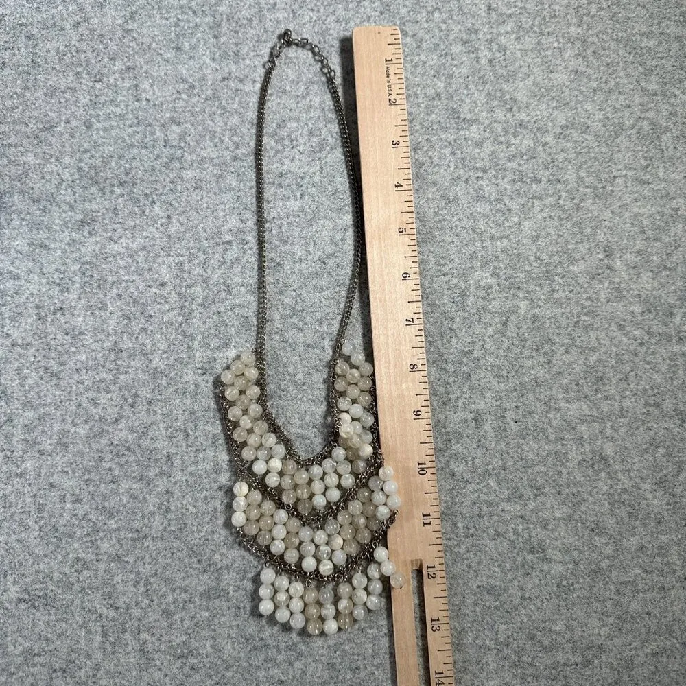 Vintage Statement Necklace Fashion Jewelry Beaded Silver Tone Beige Whimsigoth - Image 5