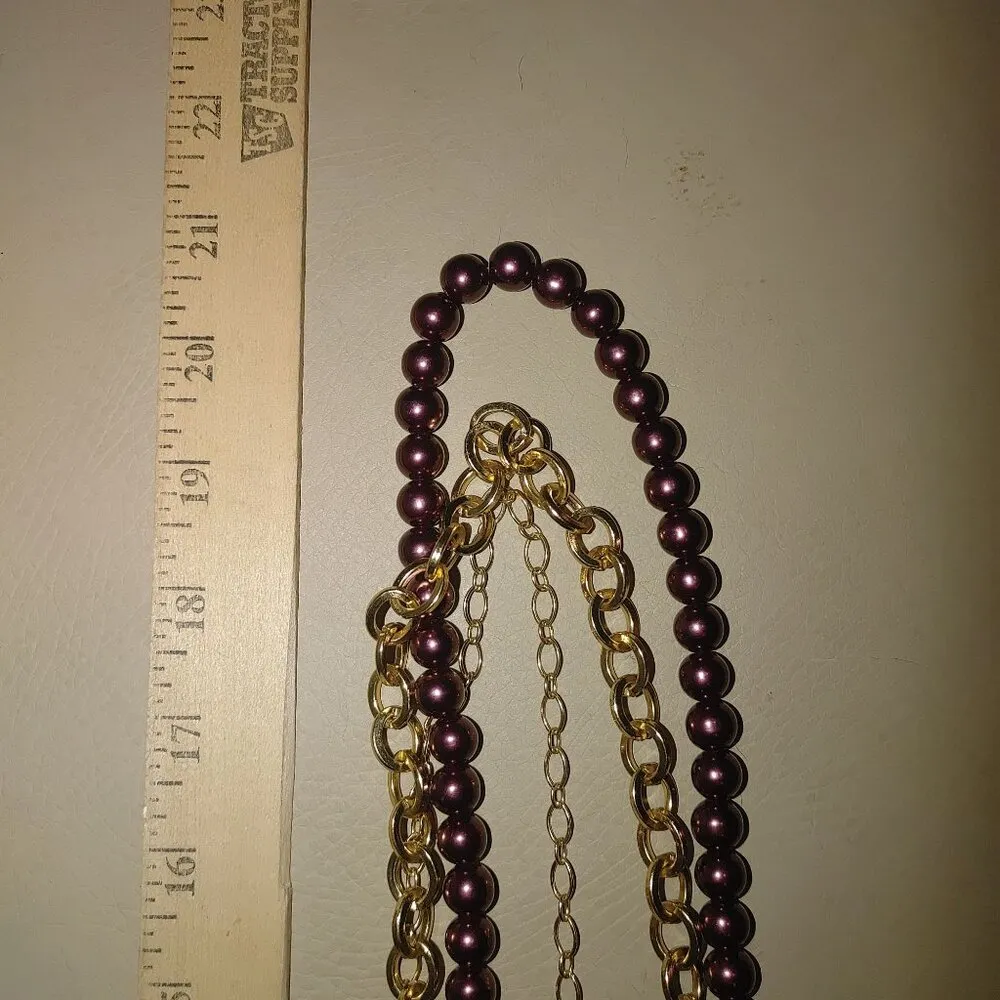 Orchid Necklace Large 3 Strand Vintage Purple Beaded Gold Chain Enamel Flower - Image 8