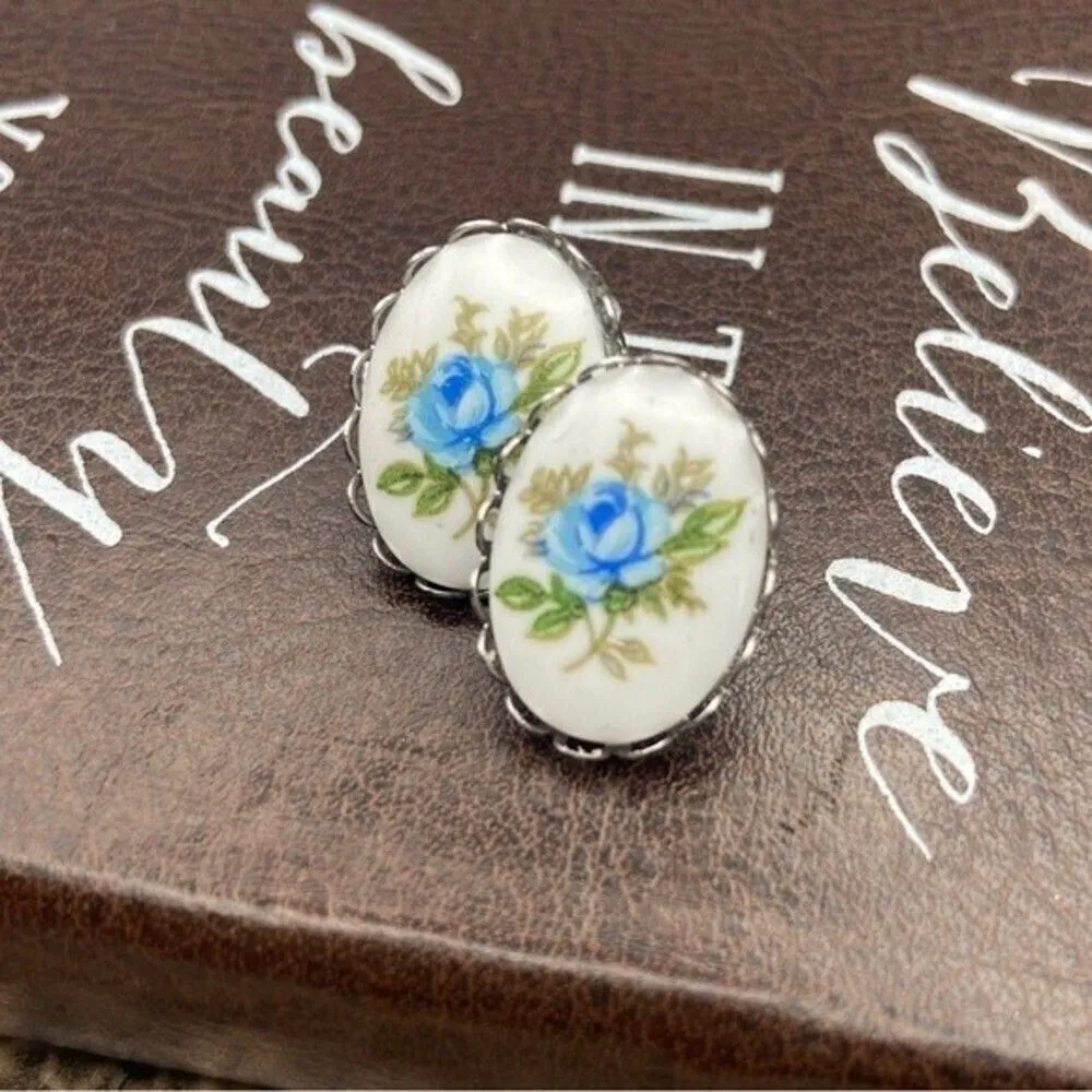 Handmade Vintage Porcelain Floral Cabochon Earrings Stainless Steel Cottagecore White - Image 3