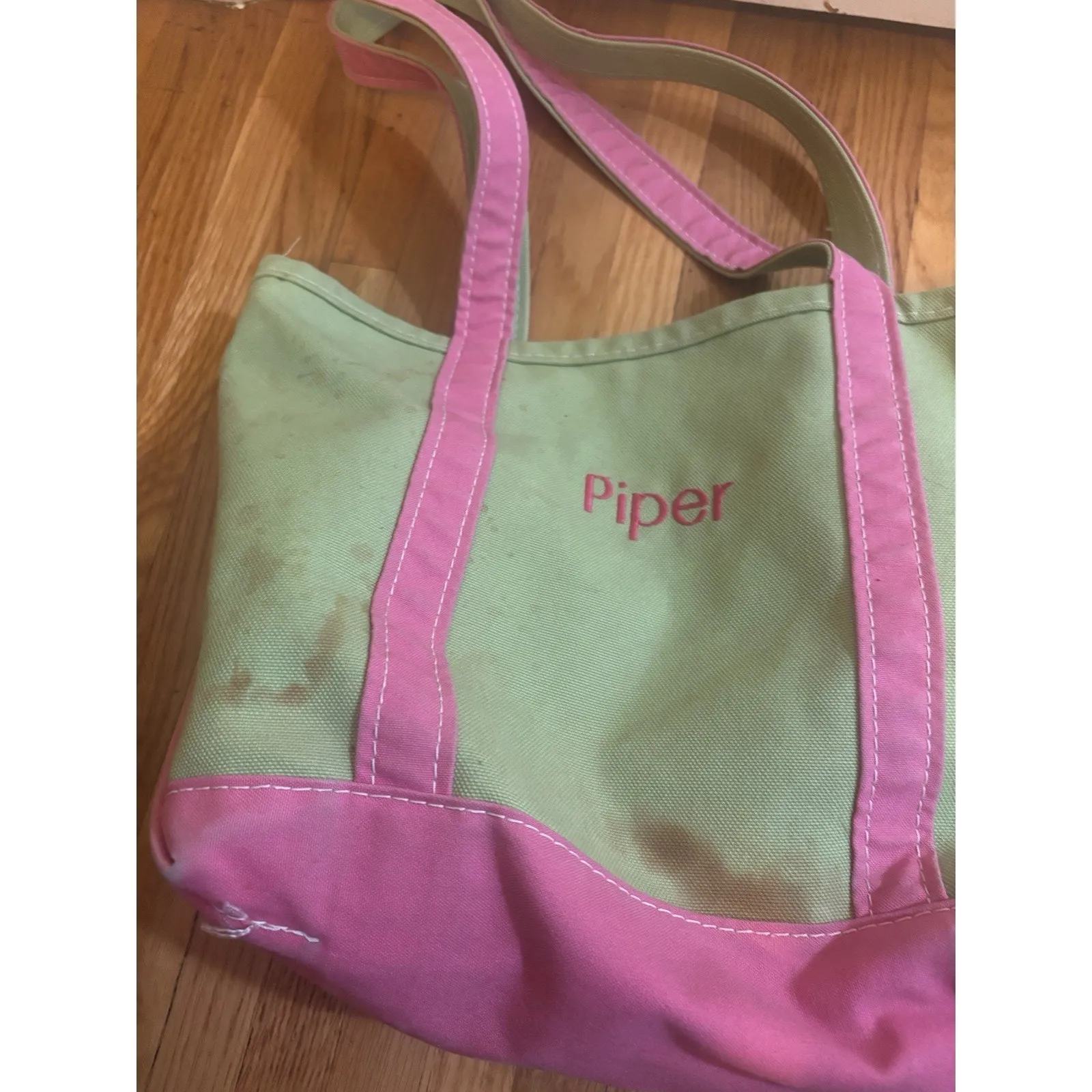 Vintage LL Bean Boat & Tote Bag USA Made Green Pink Long Straps - Image 2