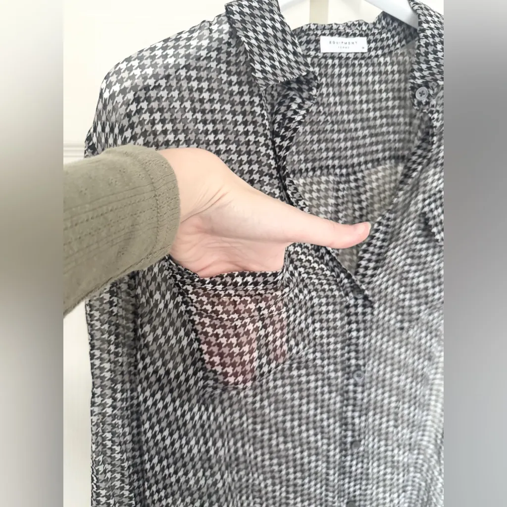 Equipment Femme Signature Silk Black White Houndstooth Sheer Button Down Blouse - Image 4