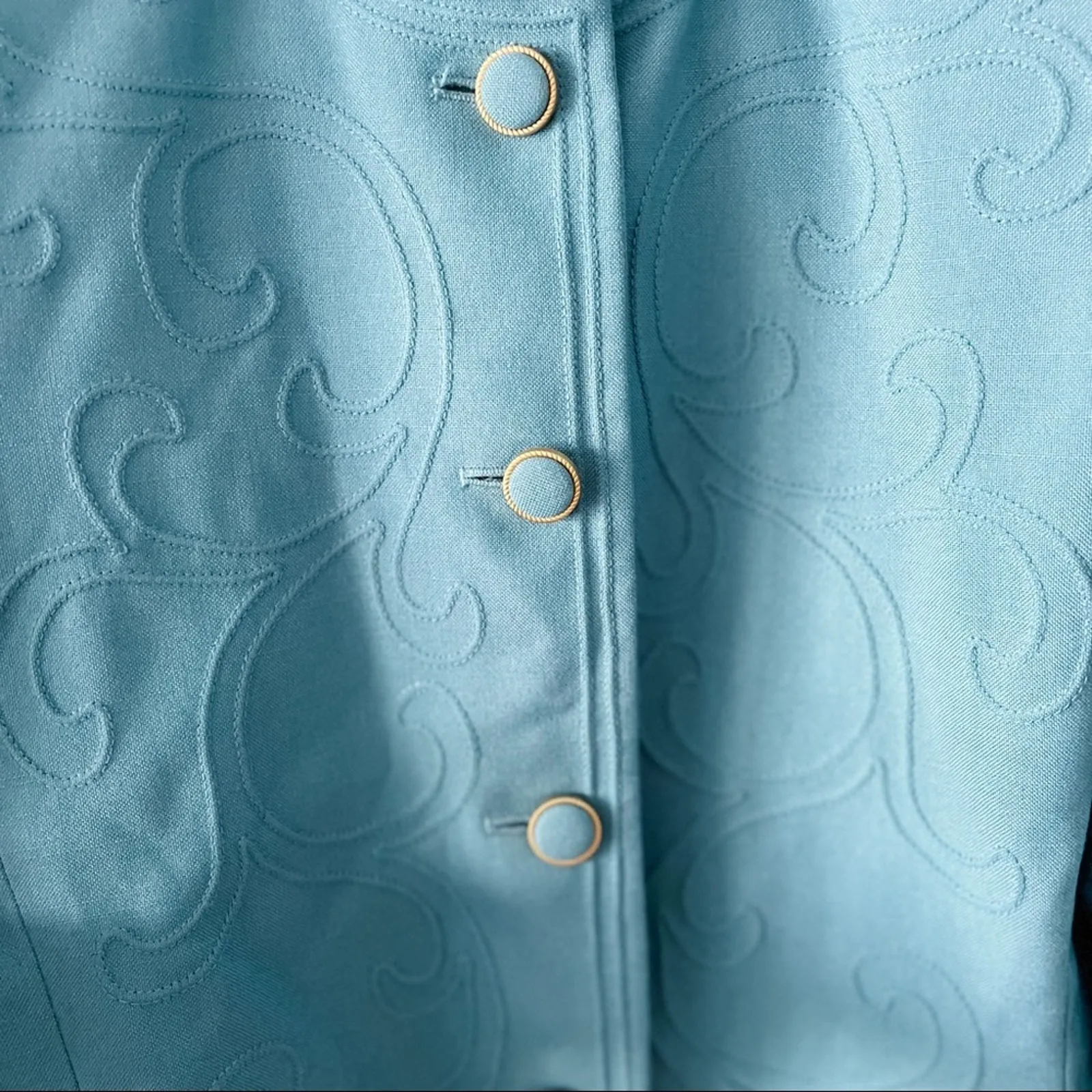 Vintage Retro Feminine Stitched Collarless Blazer Jacket blue gold size 10P MP - Image 3