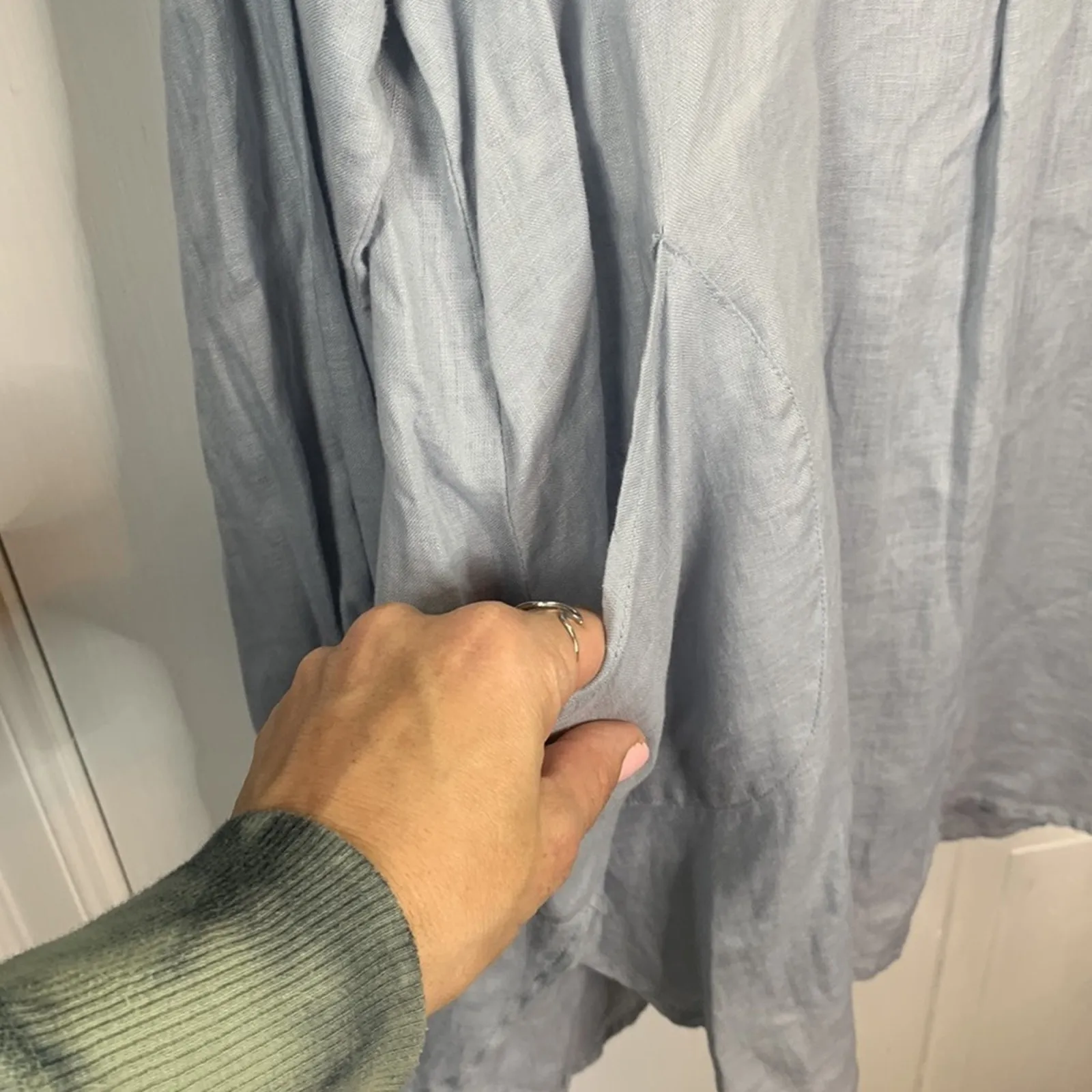 Magaschoni Women’s 100% Linen Ocean Blue Tunic Blouse Top Pockets W-287 Sz M - Image 2