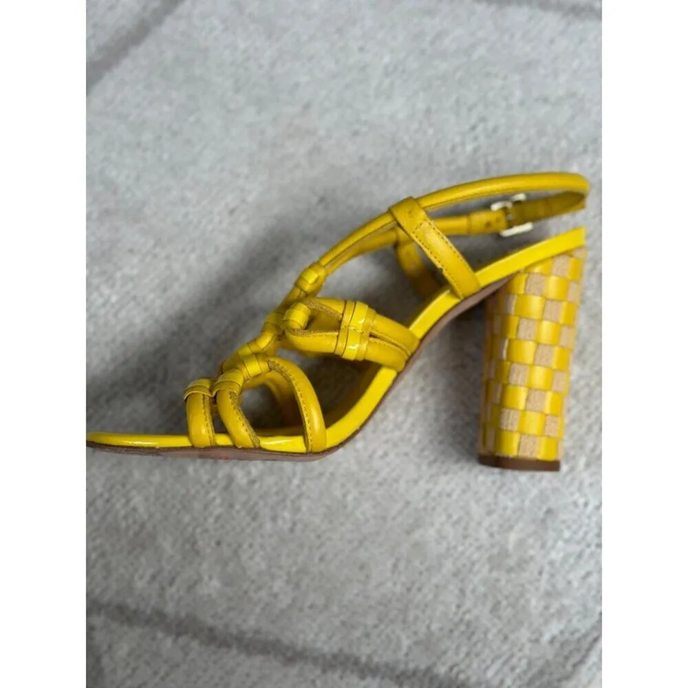 Tory Burch Bright Yellow Leather Strappy Basket Woven Covered Heel Sz 7 - Image 7