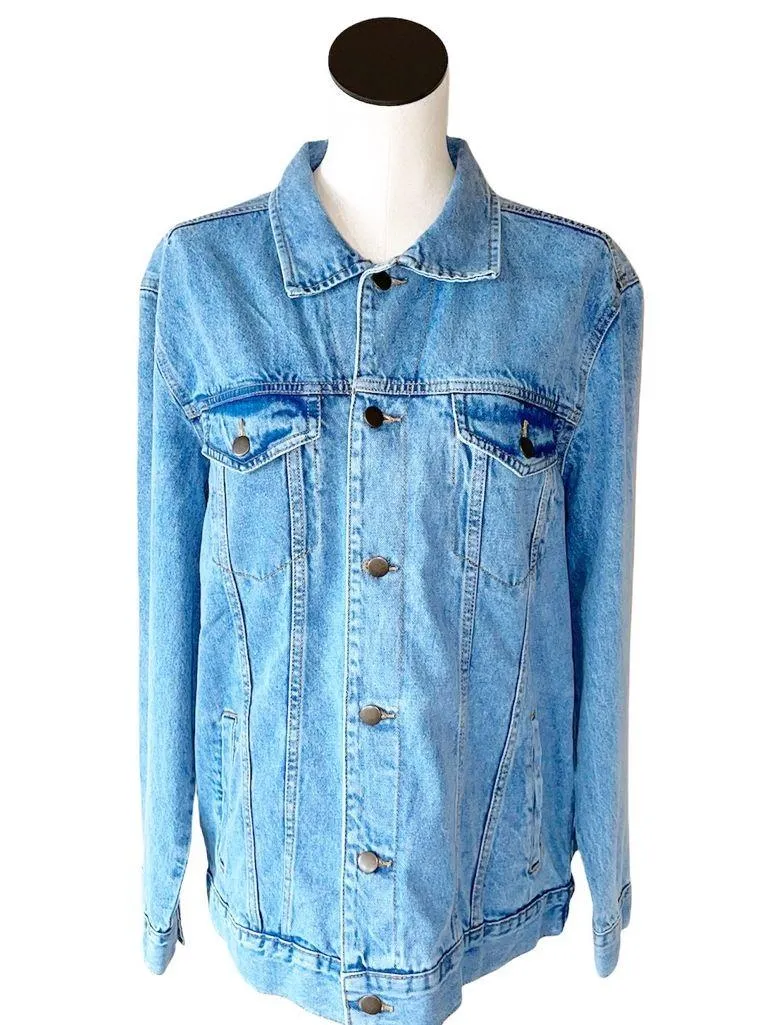 NWT AC/DC Tie Dye Back Patch Denim Jacket Light wash Blue Large - Image 4