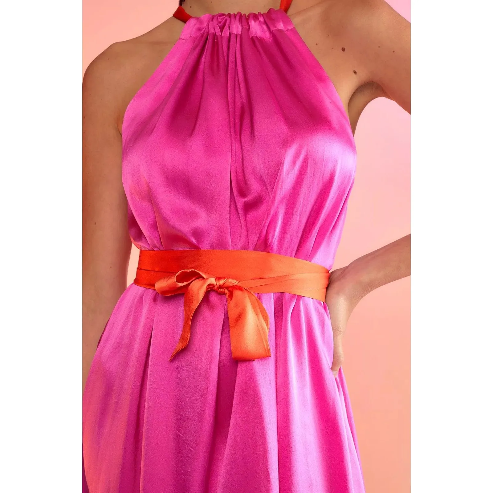 Cynthia Rowley Salerno Silk Halter Midi Dress hot pink orange flowy size S - Image 4