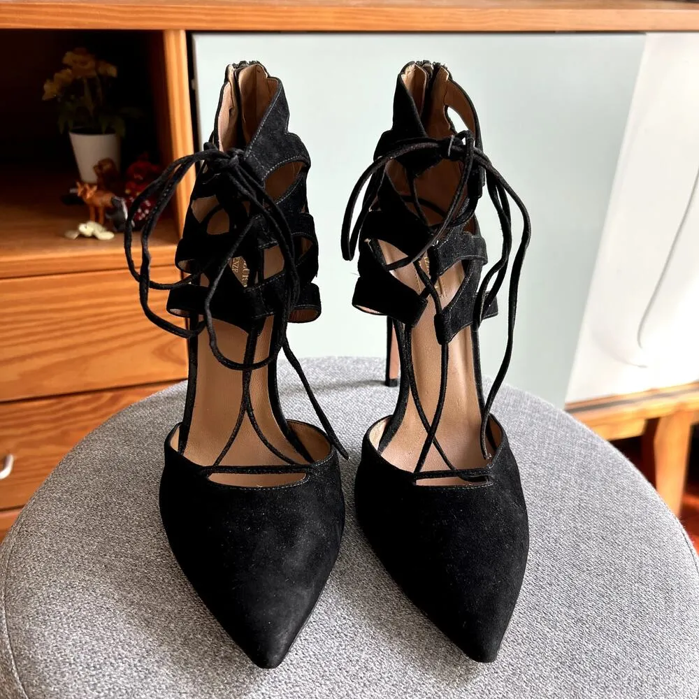 Aquazzura Belgravia Lattice Suede Pointed Toe Black Pumps size 40 SW - Image 3