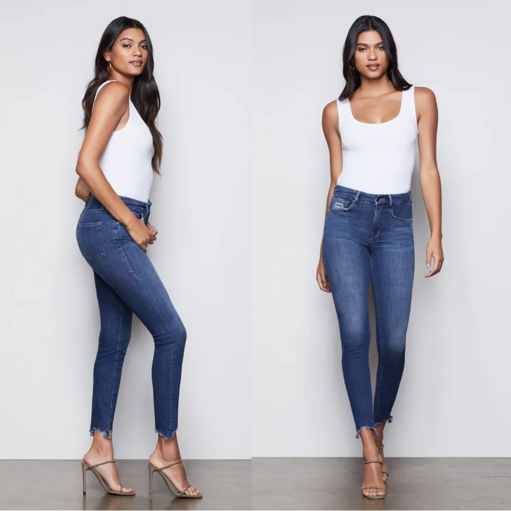 Good American • Good Legs Extreme Stiletto skinny jeans Blue340 ankle frayed raw - Image 5