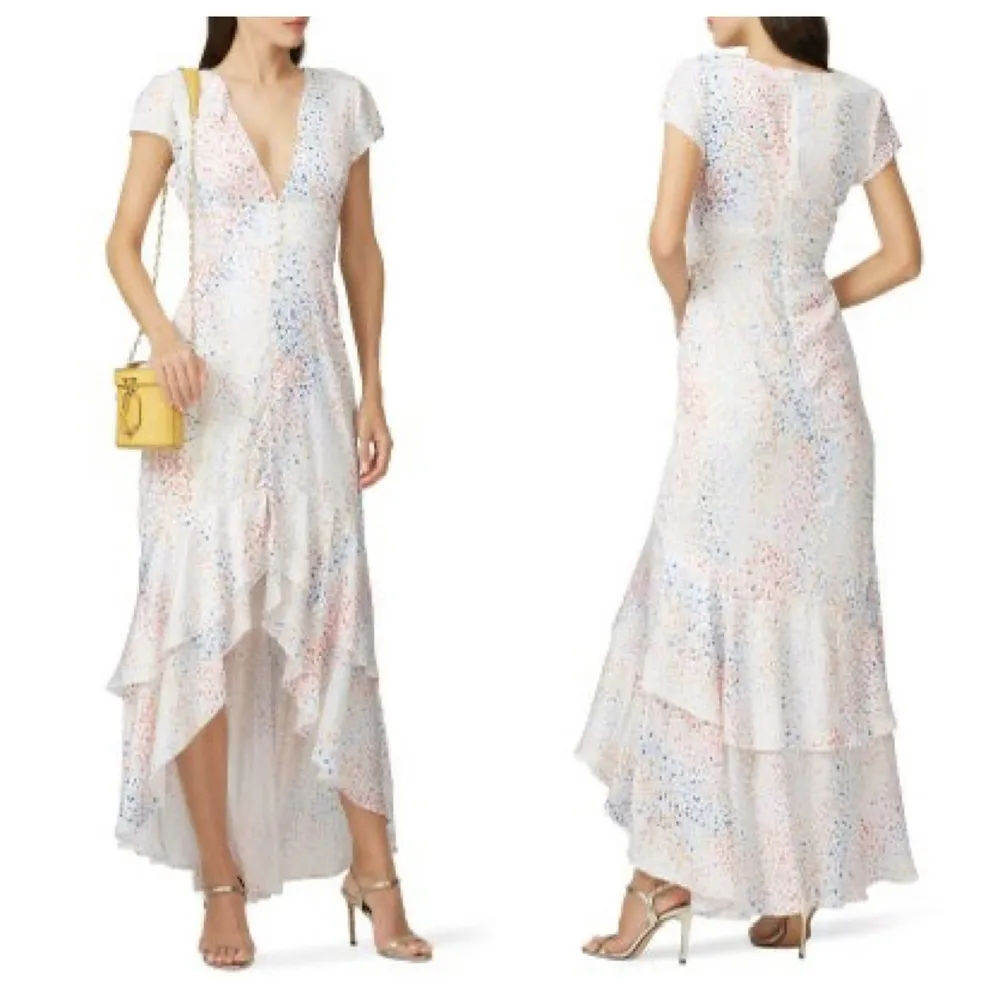 Hutch Multi Color Heart Maxi Dress White Satin Hi Low short sleeves V-neck 10 - Image 4