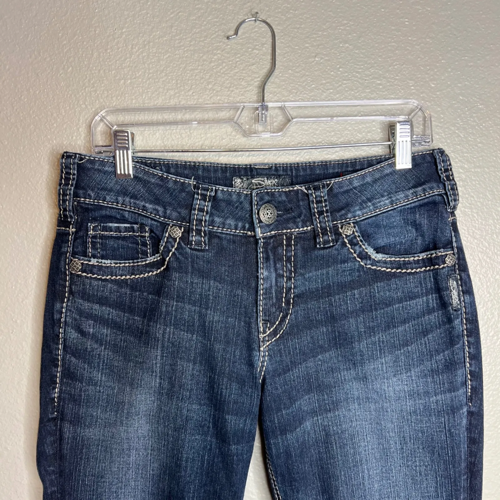 Silver Jeans Co Suki Mid Slim Boot Jeans Size 29 Dark Thick Stitch Flap Pockets Blue - Image 5