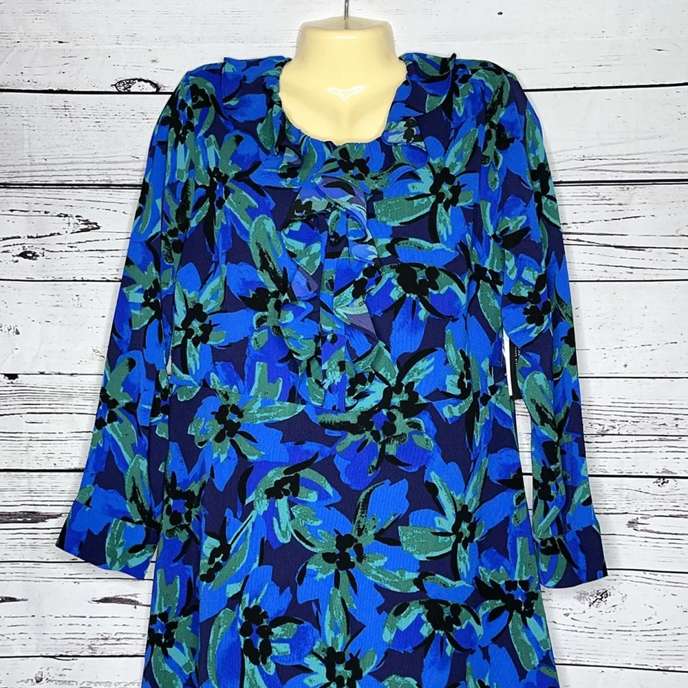 IM NYC Isaac Mizrahi NWT Size 14 Blue Floral Burst Print Ruffle Neckline Dress - Image 2