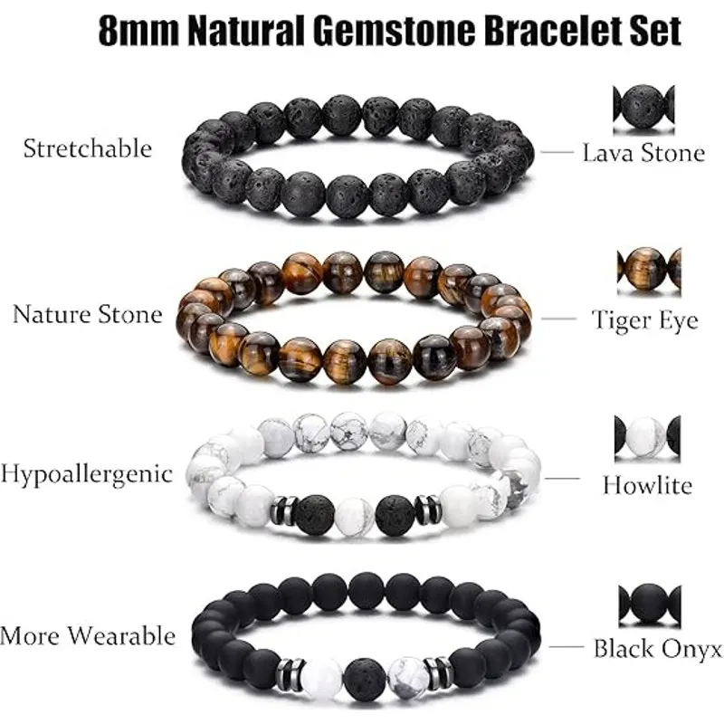 4pcs Tiger Eye Bracelet For Men 8MM Natural Stone Adjustable Beaded Bracelet Brown - Image 2