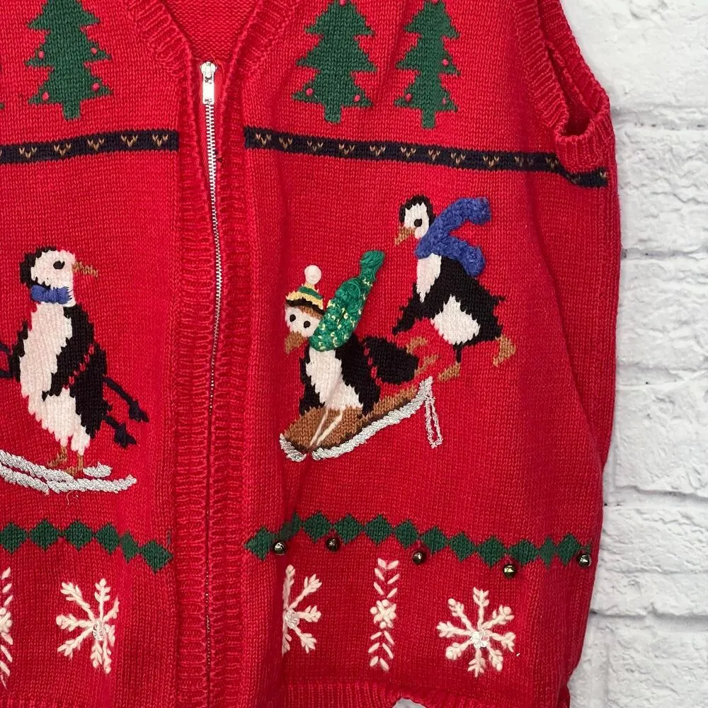 Vintage 90s Capacity Womens Sweater Vest Zip Red Size 1X Christmas Penguin Bells - Image 2