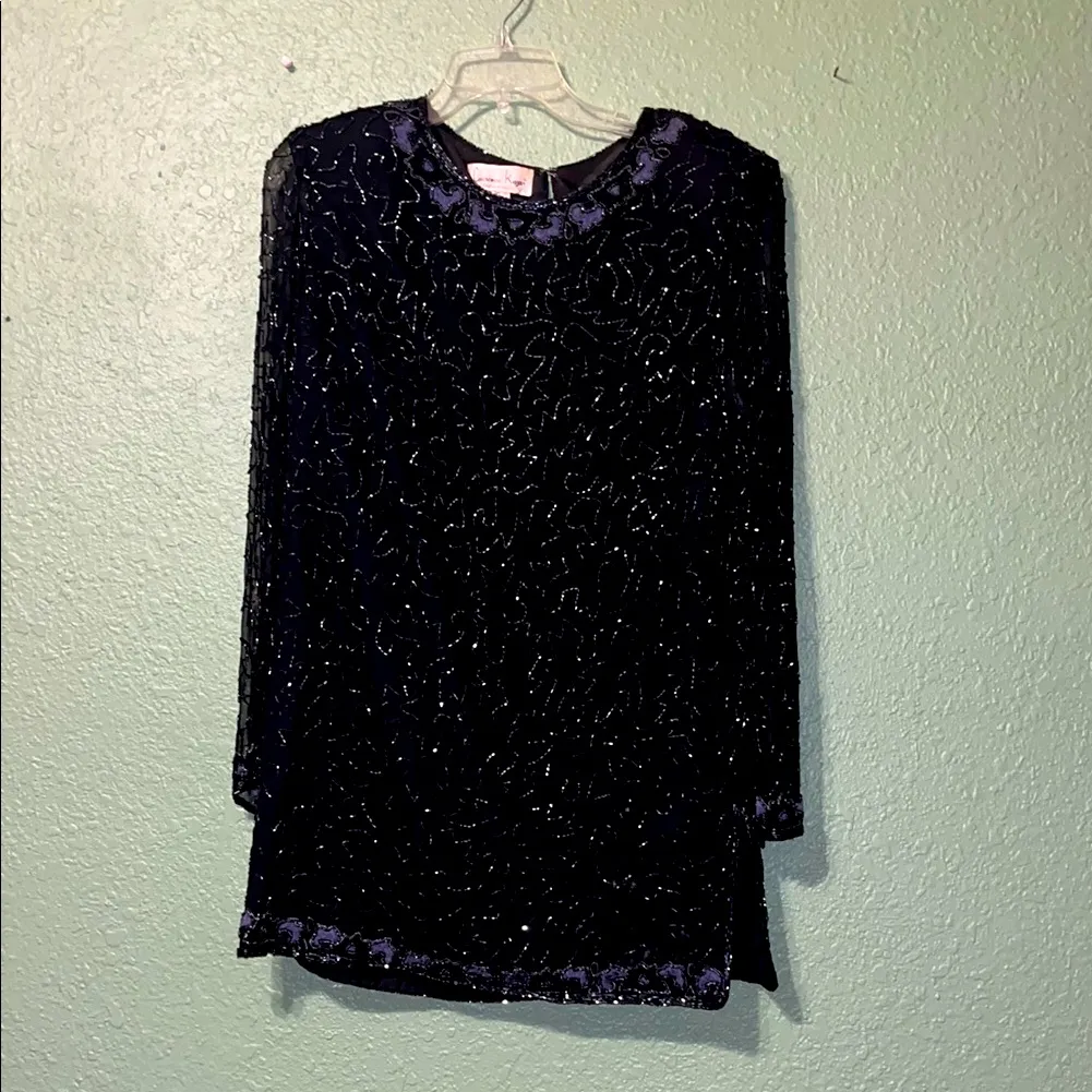 Vintage 100% SILK Black Sequin Long Sleeve Mini Dress Laurence Kazar New York - Image 2